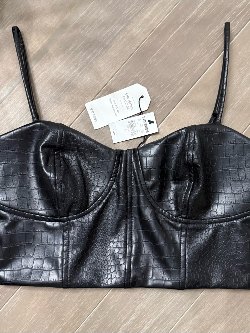 NWT! EXPRESS Faux Croc Black Leather-Look Body Contour Bustier Top, Size M